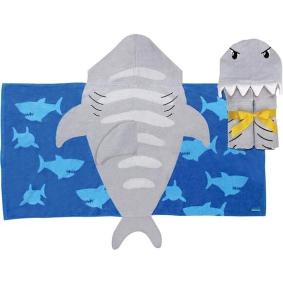 Stephen Joseph Kids Toddler Carter Embroidered Shark Bath Beach Towel Gray Blue - Picture 2 of 9